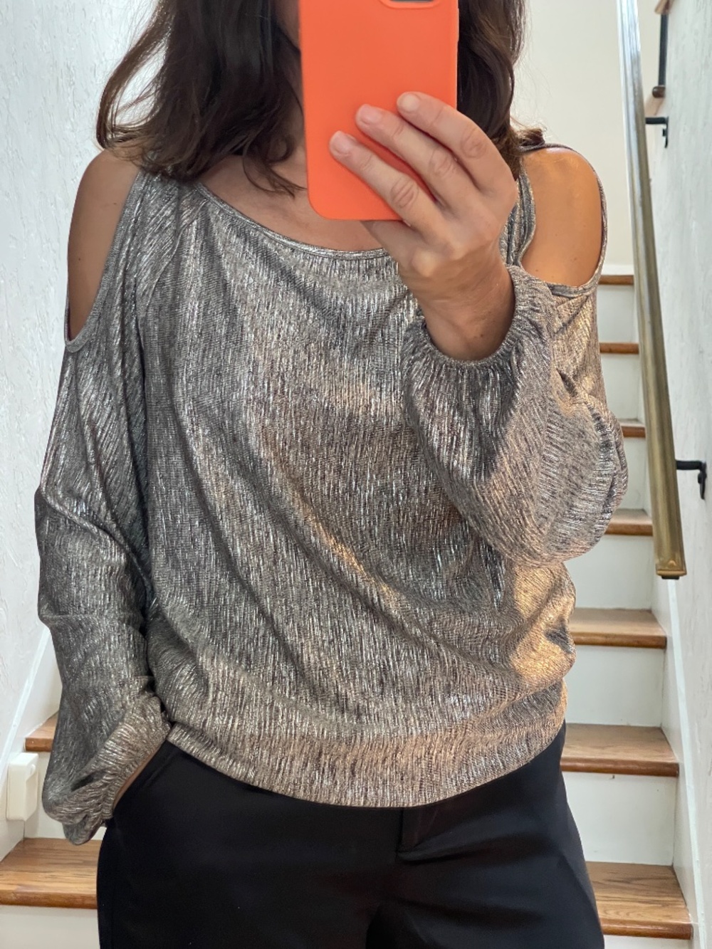 INC shoulder cut out metallic silver knit long sleeve top women M